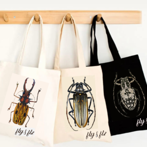 CANVAS  BAG  “LONG  HORNED  BEETLE  THEME " PRINTED ”   WHİTE,  CREAM  AND  BLACK  SERIES  48 X 41 X 10 Cm