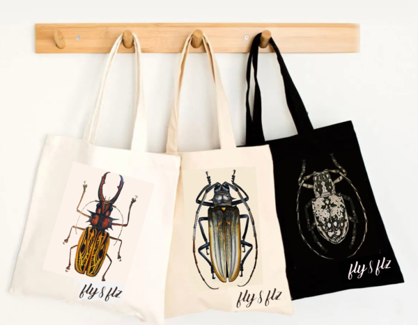 CANVAS  BAG  “LONG  HORNED  BEETLE  THEME " PRINTED ”   WHİTE,  CREAM  AND  BLACK  SERIES  48 X 41 X 10 Cm